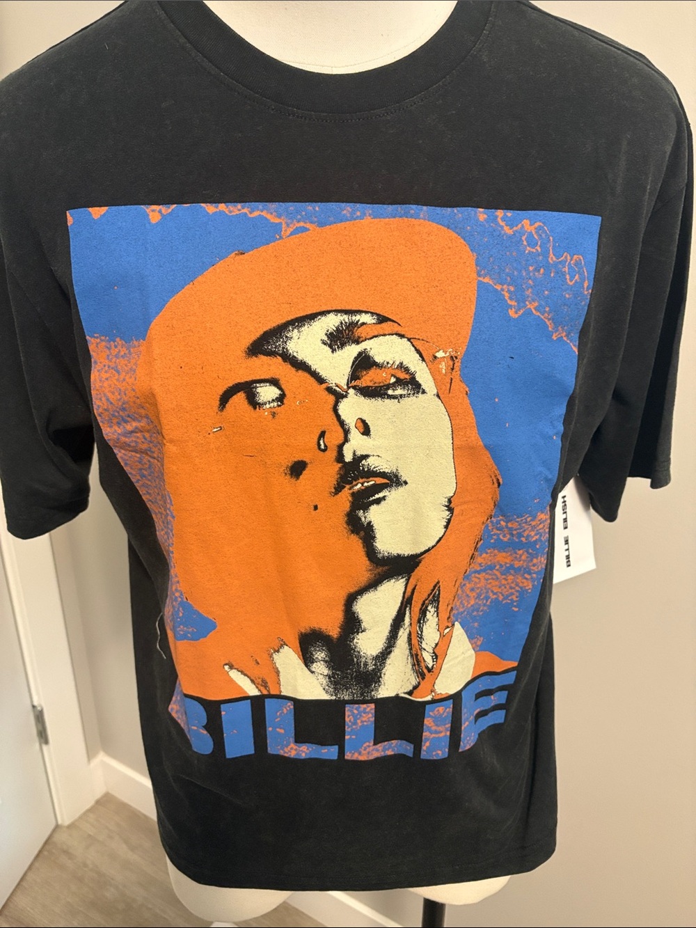Black Graphic Tee with Orange & Blue Portrait of Billie Rilish